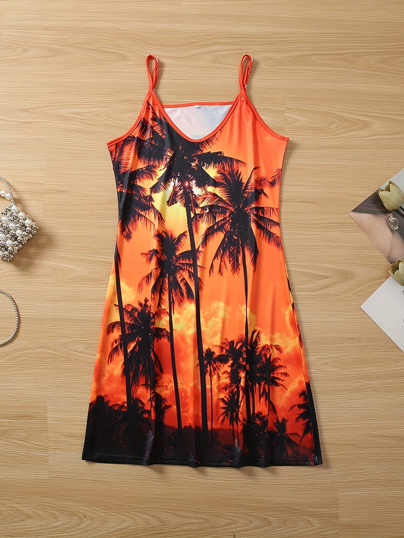 Coconut Tree Print Cami Dress Sleeveless Comfy Women's Clothing