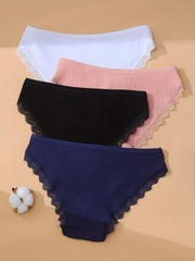 4pcs Womens Seamless Panties Lace Trim Cotton Briefs