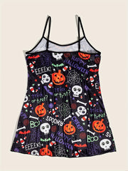 Gothic Nightdress Women's Plus Skull & Pumpkin Print Round N