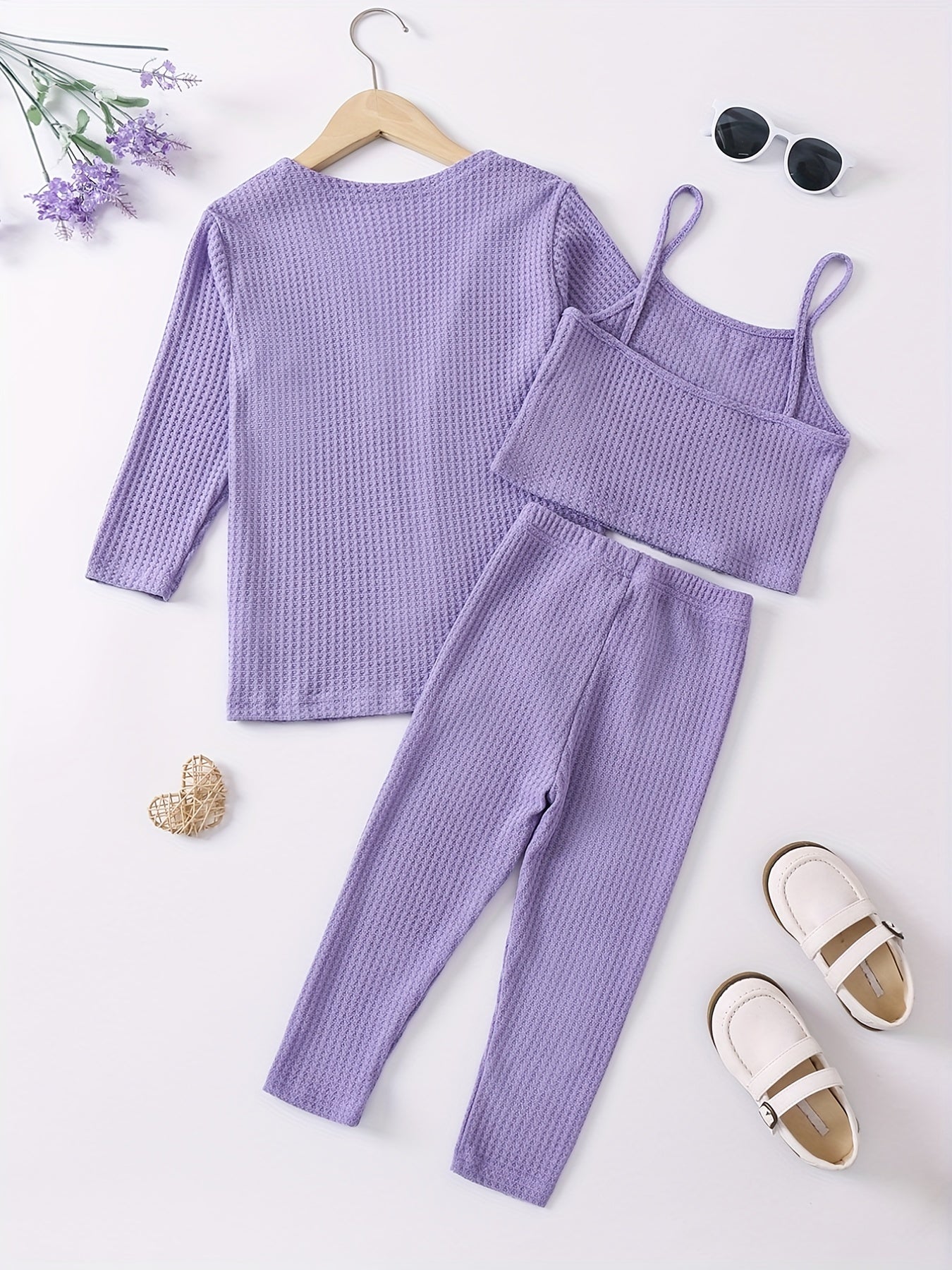 Girl's Waffle Pattern 2pcs Cami Top & Cardigan & Pants Set