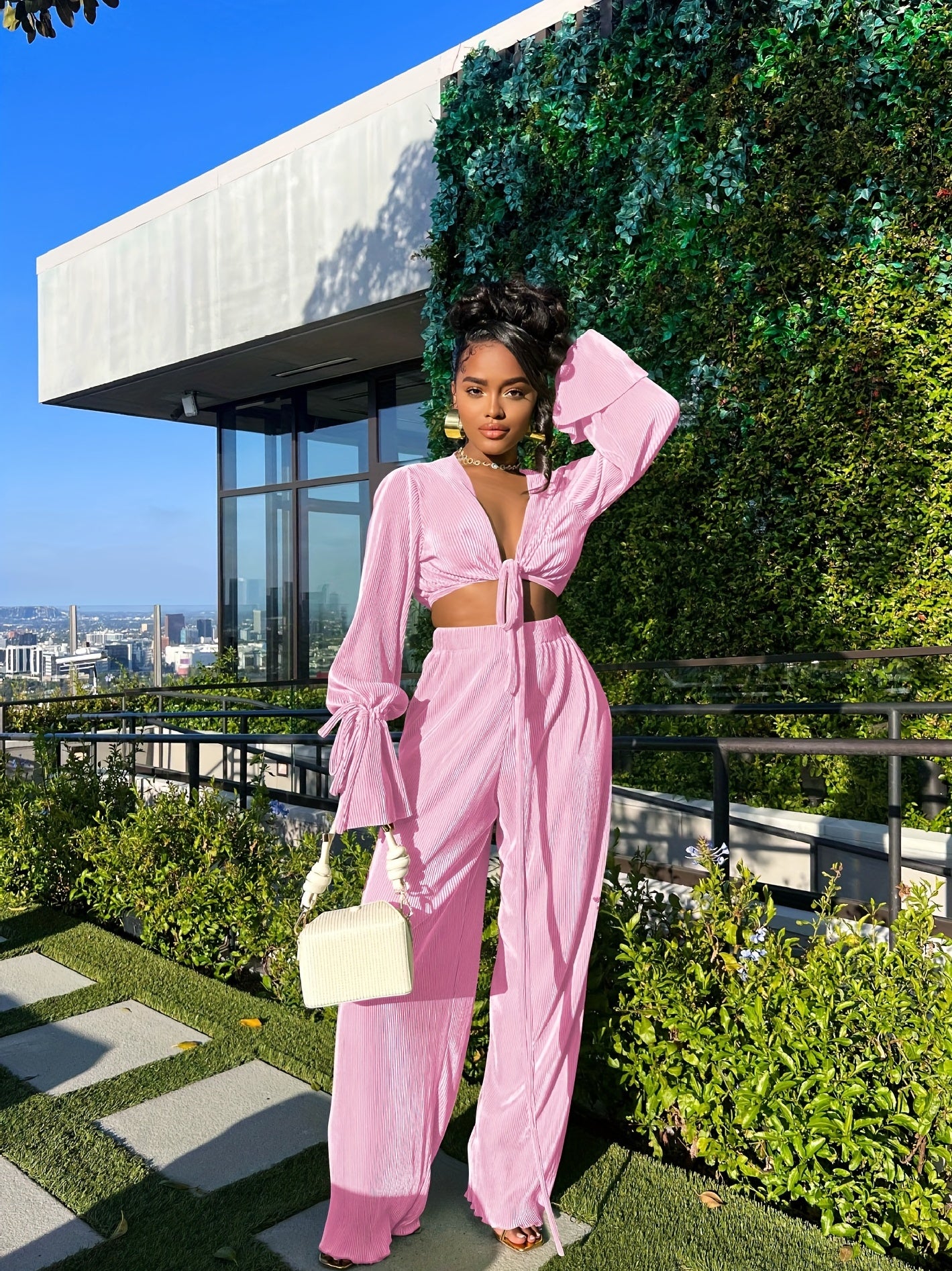 Sexy Long Sleeve Crop Top & Wide Leg Pants Set