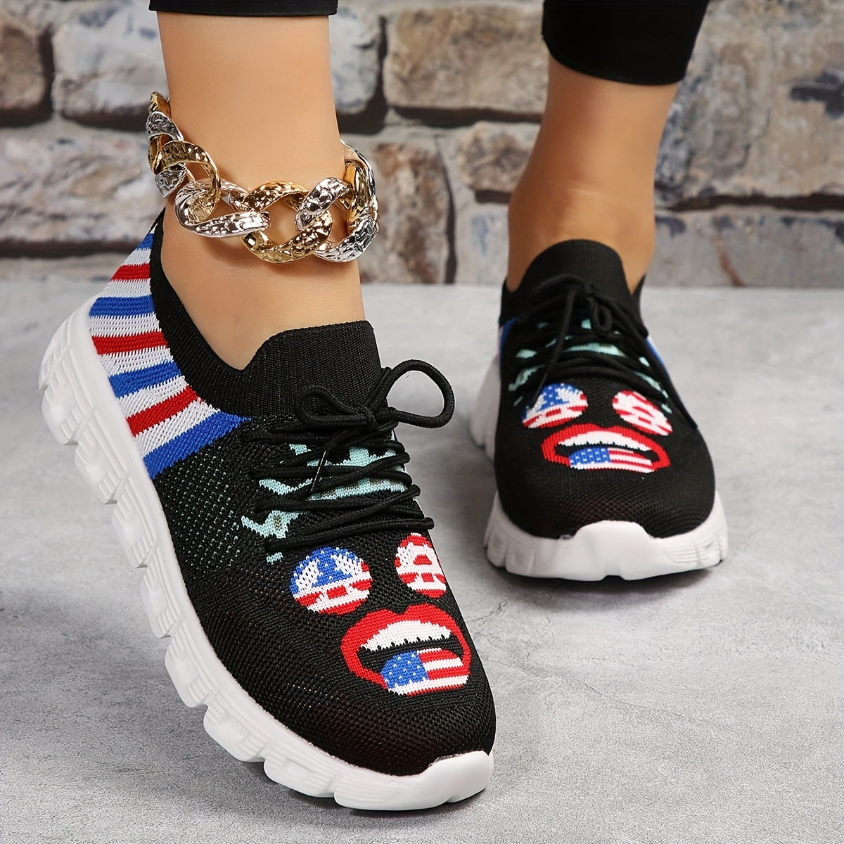 Women's Smiling Face Pattern Walking Shoes Independence Patriotic Mesh