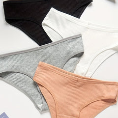 4pcs Ribbed Solid Briefs Comfy & Breathable Intimates Panties
