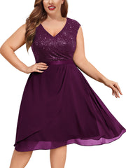 Solid Sequin Cap Sleeve V Neck Stretch Dress