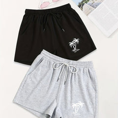 Coconut Tree Print Drawstring Shorts 2 Pack