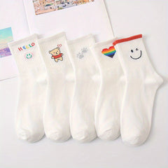Girls Cartoon Striped Crew Socks Cotton Thin Breathable Comfy Kids Socks