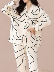 Geometric Print Pajama Set Long Sleeve Top & Pants Women's Sleepwear