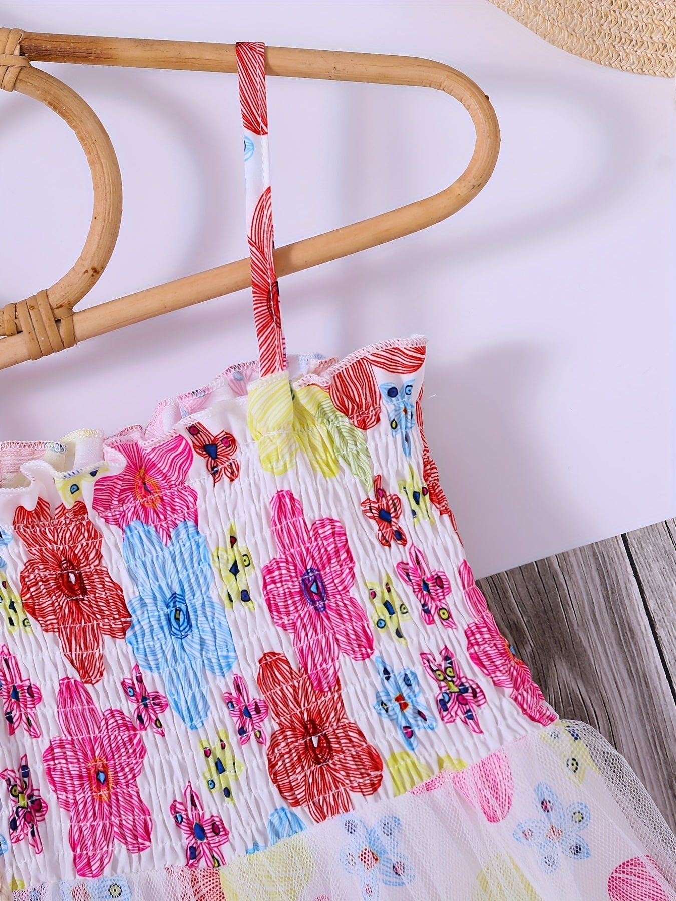 Toddler Girls Flowers Frill Trim Shirred Rompers Jumpsuits