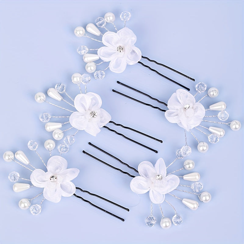 5pcs Flower Crystal Faux Pearl Hairpin Bridal U shaped Hairpin