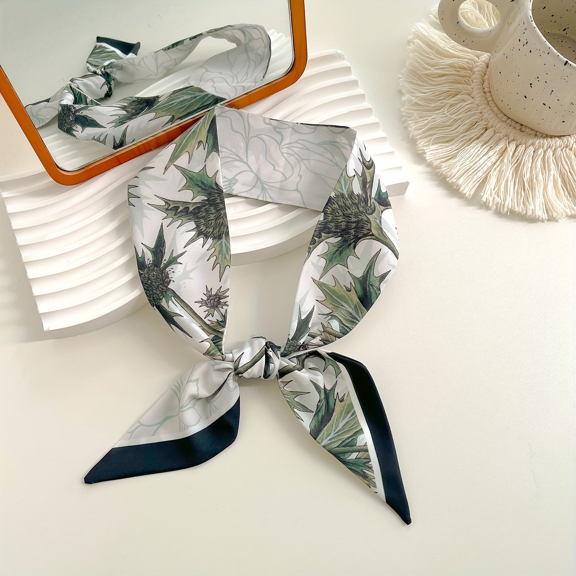 Green Plant Print Skinny Scarf Vintage Silky Long Ribbon Neckerchief