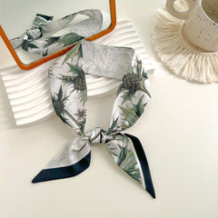 Green Plant Print Skinny Scarf Vintage Silky Long Ribbon Neckerchief
