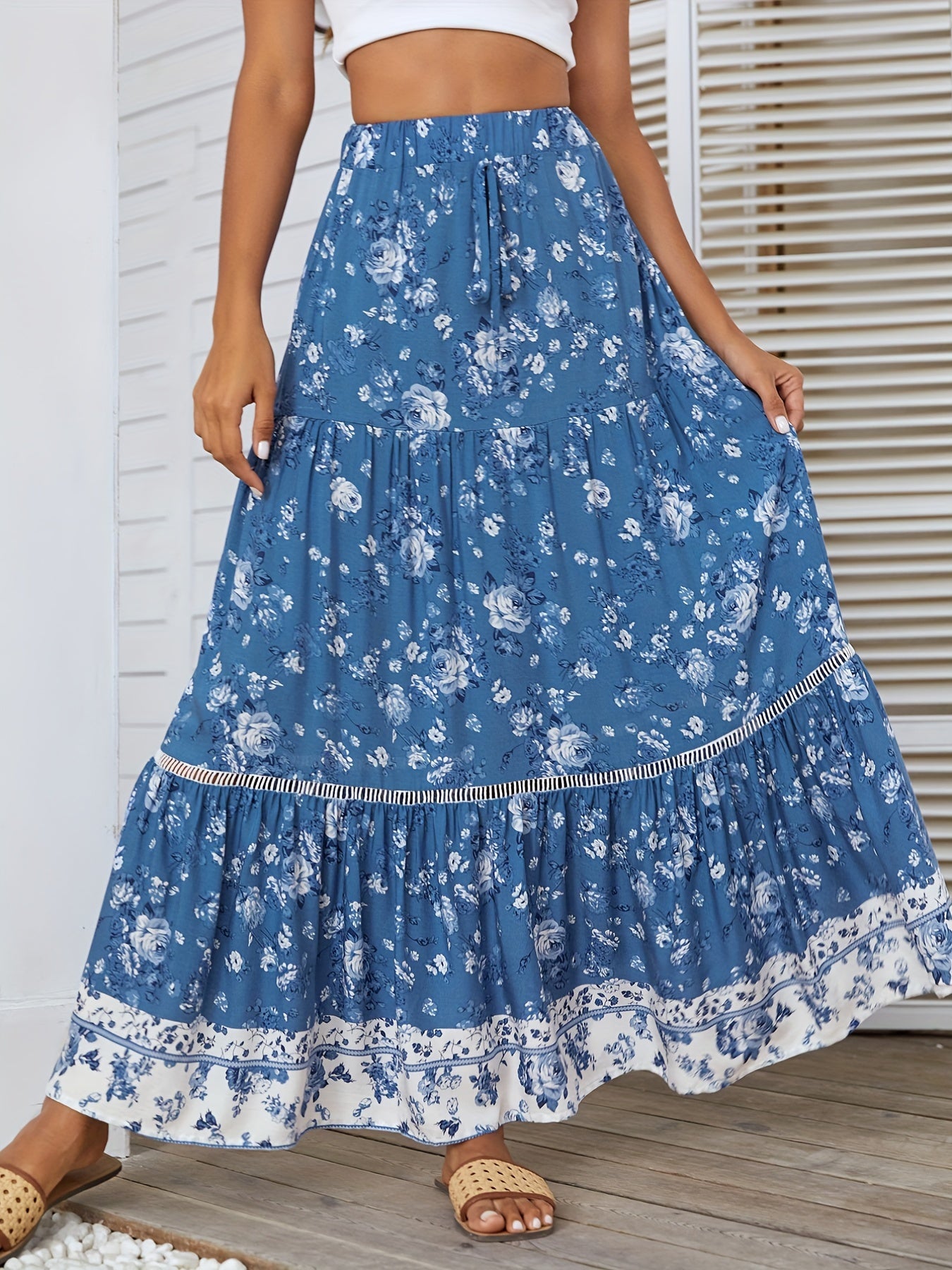 Bohemian Floral Print Skirt Vacation Casual Skirt for Summer & Spring