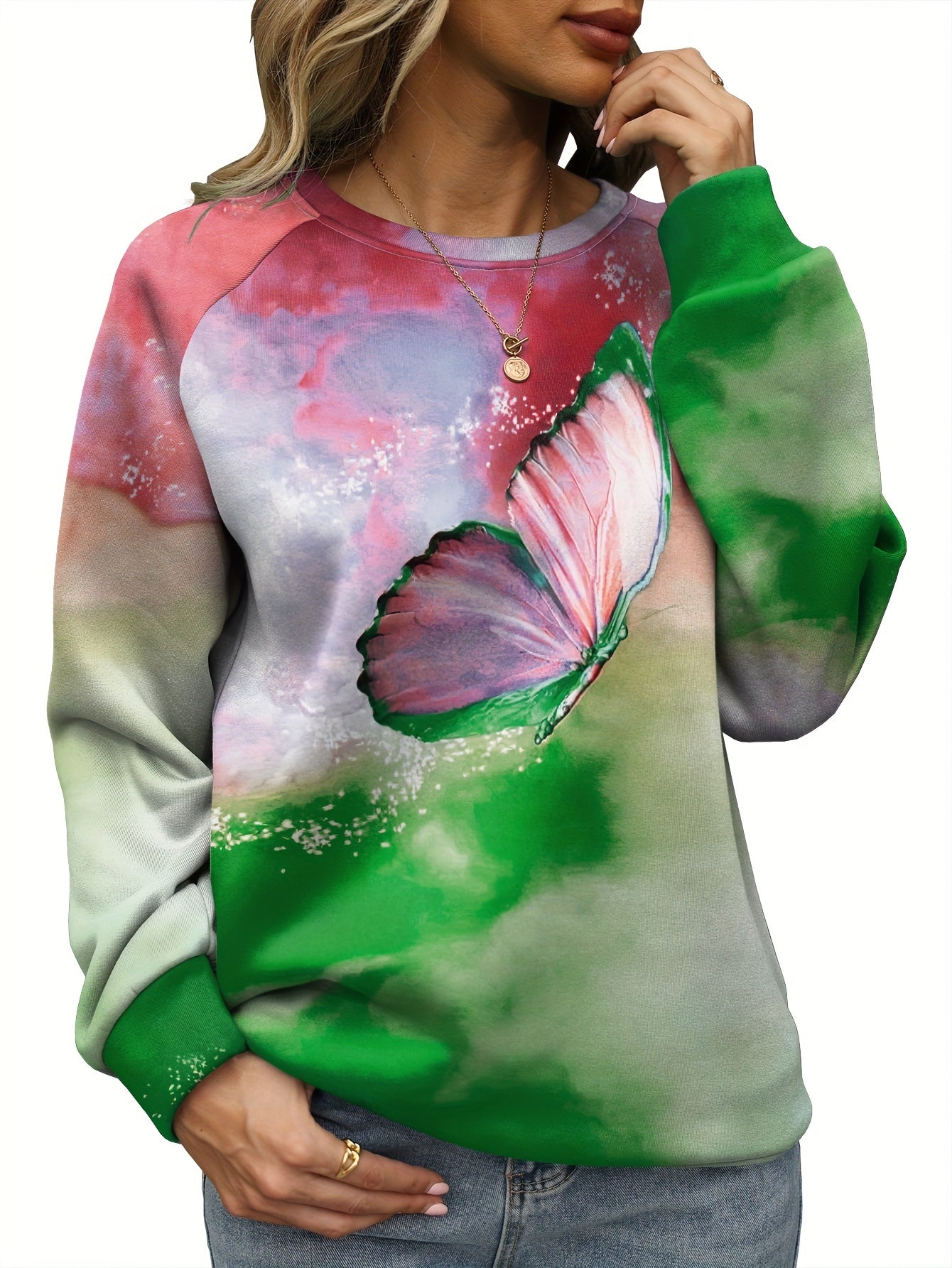 Butterfly Print Sweatshirt Crew Neck For Women