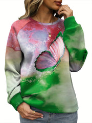 Butterfly Print Sweatshirt Crew Neck For Women