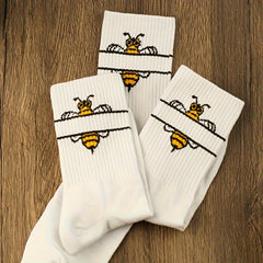 Cartoon Bee Print Socks Women's Mid Tube Stockings