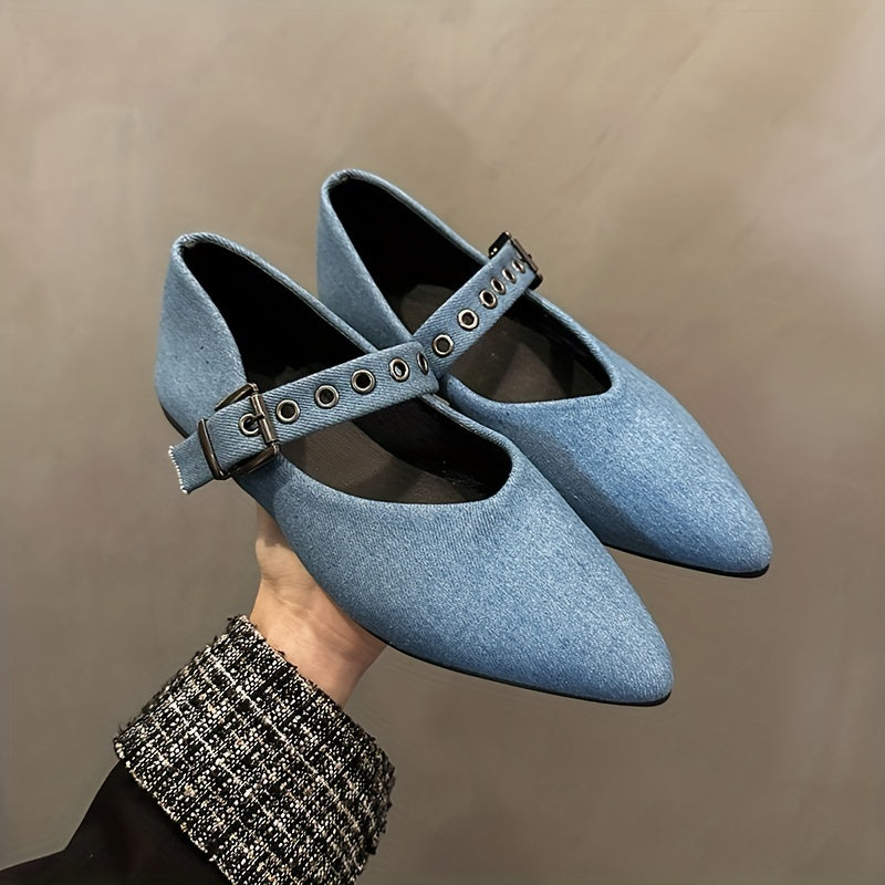 Women's Denim Flat Shoes Casual Point Toe Buckle Strap Barefoot Shoes