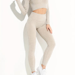 Rib Knit Yoga Set High Stretch Long Sleeve Top & Leggings Sports Suit