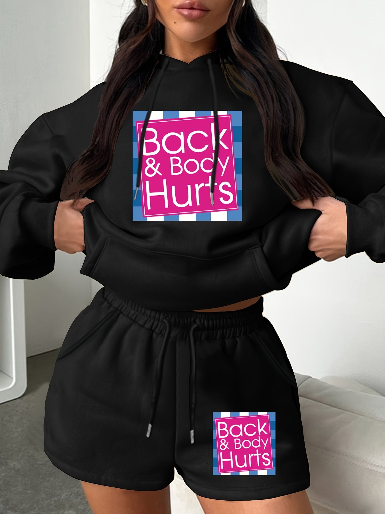Women's Plus Letter Print Hoodie & Shorts Set