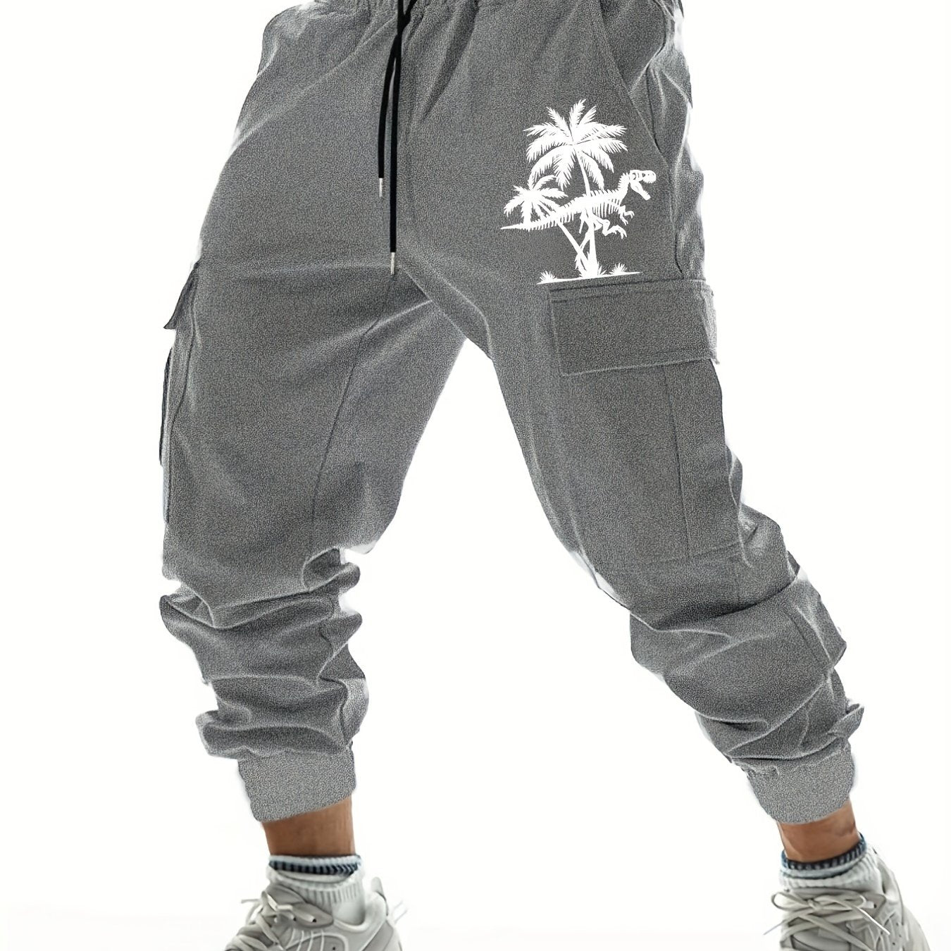 Coconut Tree Dinosaur Print Drawstring Cargo Pants Men