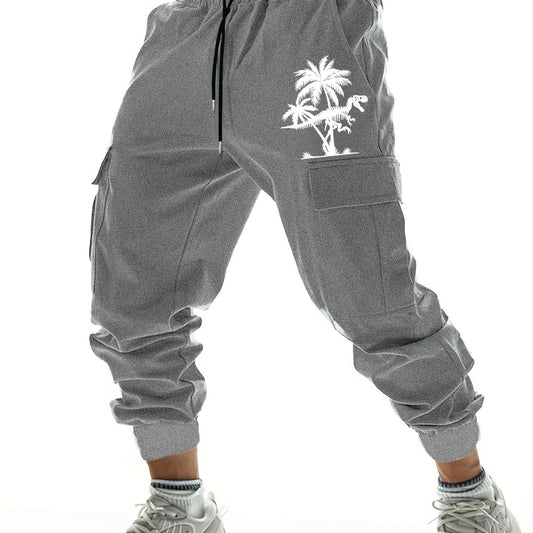 Coconut Tree Dinosaur Print Drawstring Cargo Pants Men