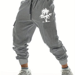 Coconut Tree Dinosaur Print Drawstring Cargo Pants Men