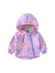 Girls' Butterfly Print Zip Hooded Windbreaker for Outdoor Girls