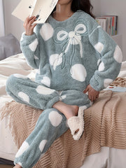 Polka Dot Fuzzy Pajama Set Long Sleeve Crew Neck Top & Elastic Waistband Pants
