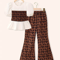 Girl's Geometric Pattern 2pcs Puff Sleeve Shirt & Flared Pants Set