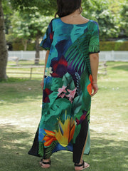 Boho Cover Up Women's V neck Floral Print Short Sleeve Split Cove