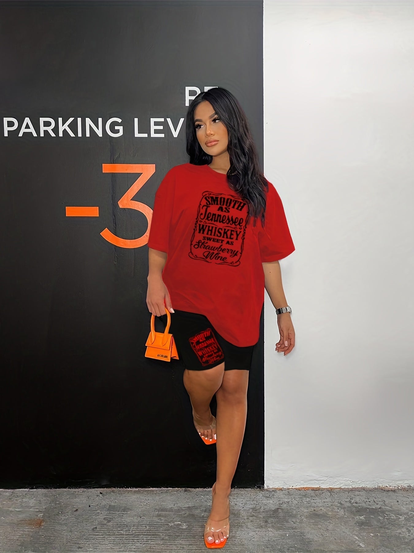 Casual Letter Print 2 Pc Set Crew Neck Tee & Shorts Outfit Women's Clothing