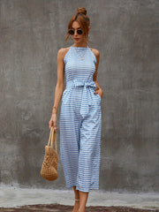 Striped Wide Leg Tie Front Jumpsuit for Women