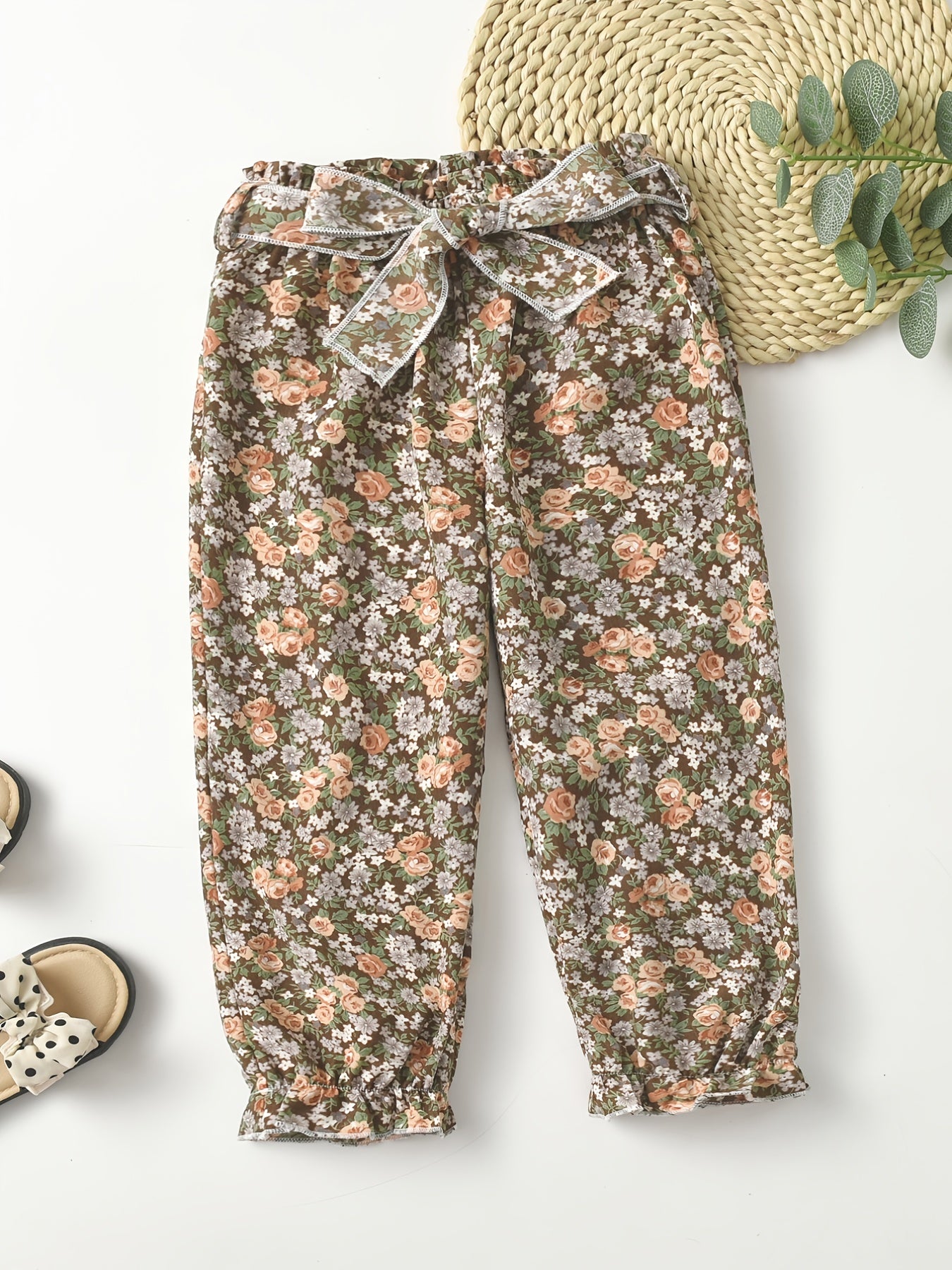 Girls Floral Trousers Elastic Waist Belted Frill Trim Pants