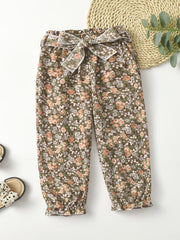 Girls Floral Trousers Elastic Waist Belted Frill Trim Pants