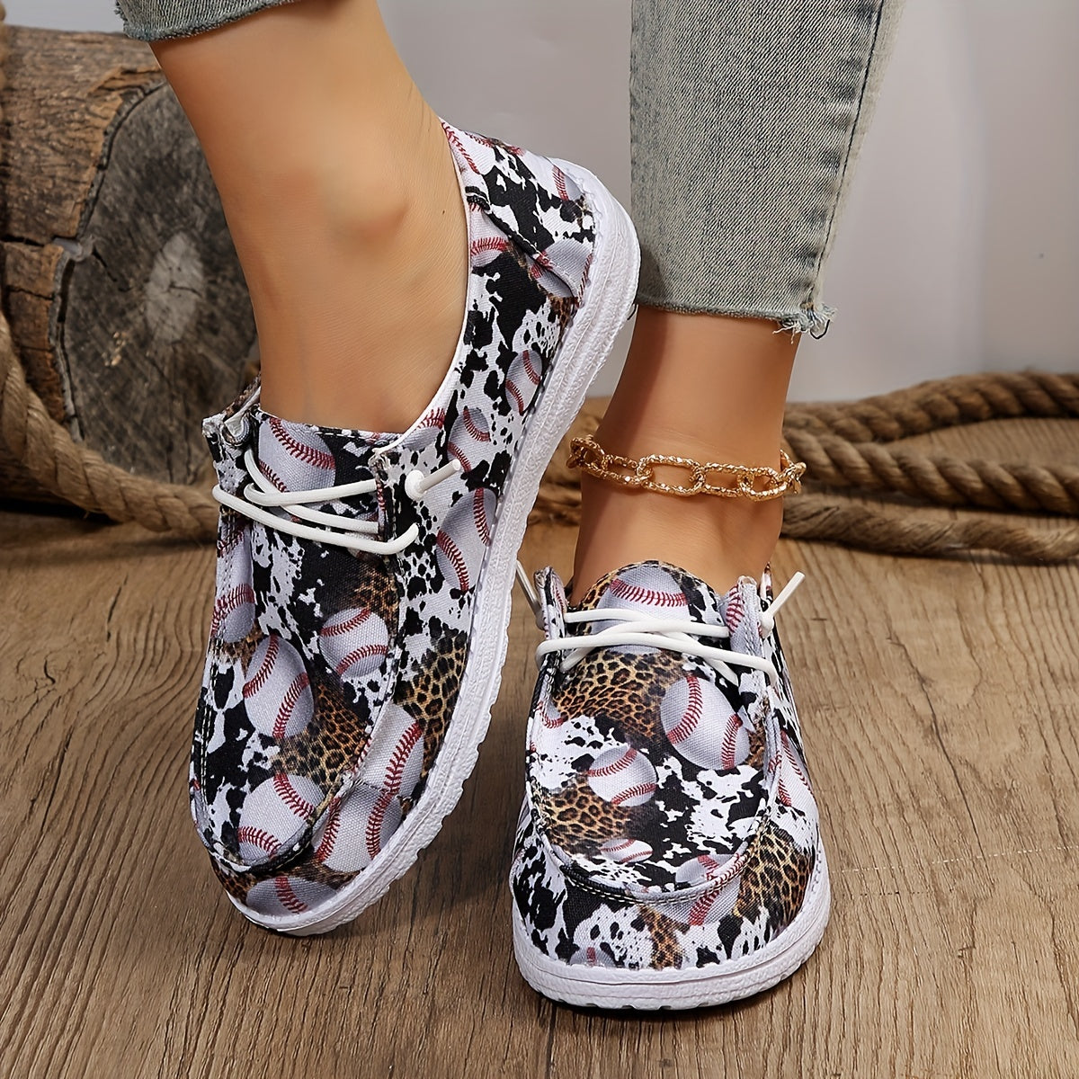 Women's Baseball Pattern Lace Up Boat Shoes Low Top Slip On Canvas Shoes