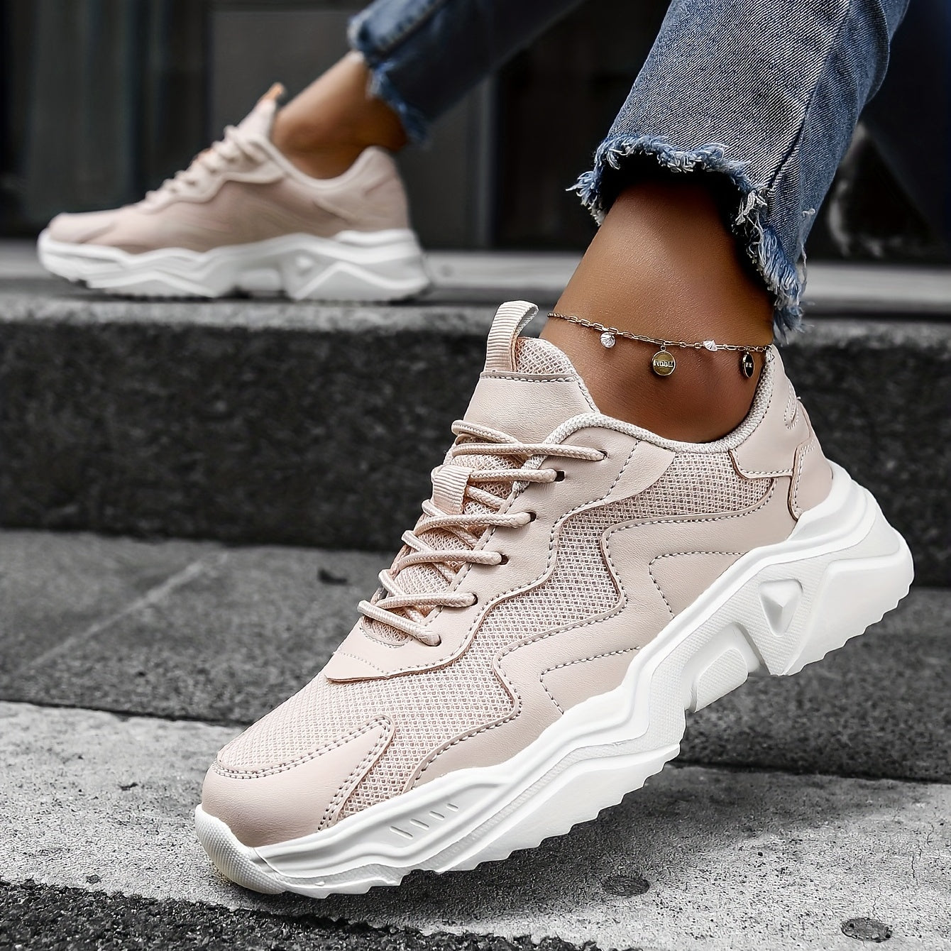 Women's Mesh Panel Sneakers Low Top Lace Up Shoes