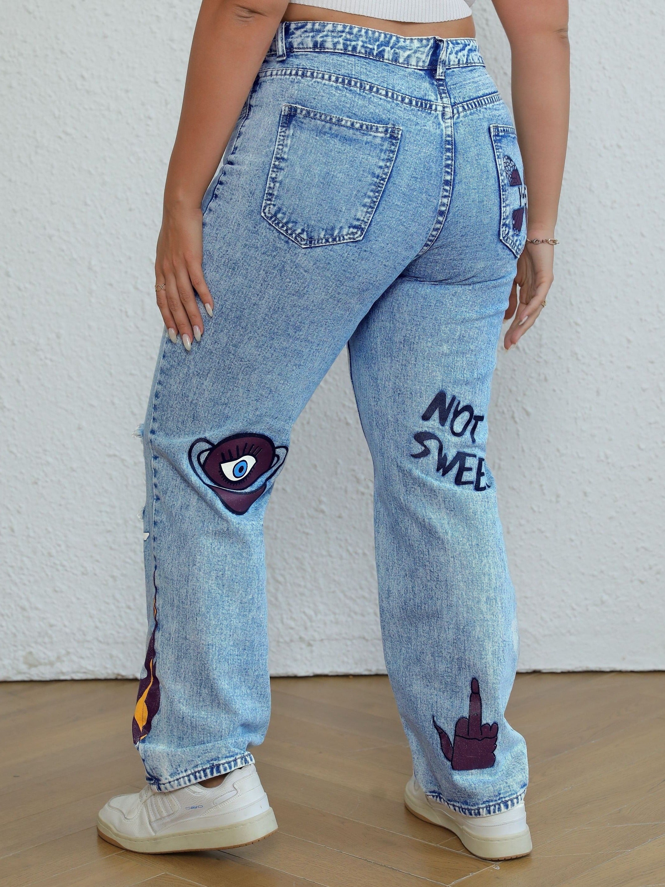 Y2K Butterfly Print Ripped Jeans