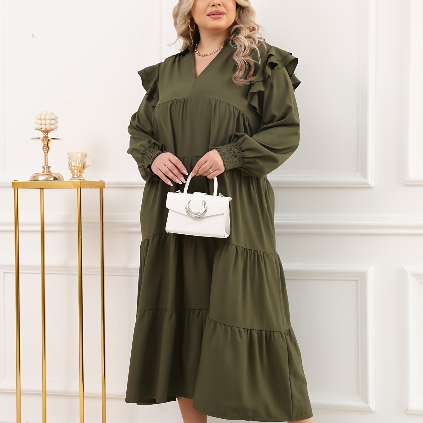 Retro Dress Long Sleeve Ruffle Trim V Neck Maxi Dress