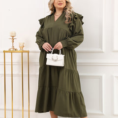 Retro Dress Long Sleeve Ruffle Trim V Neck Maxi Dress