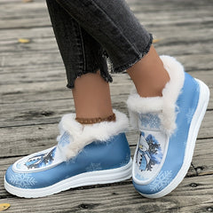 Christmas Snowflake Snowman Print Furry Boat Shoes