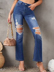 Distressed Bell Bottom Jeans Slash Pocket Wash Bootcut Denim Pants