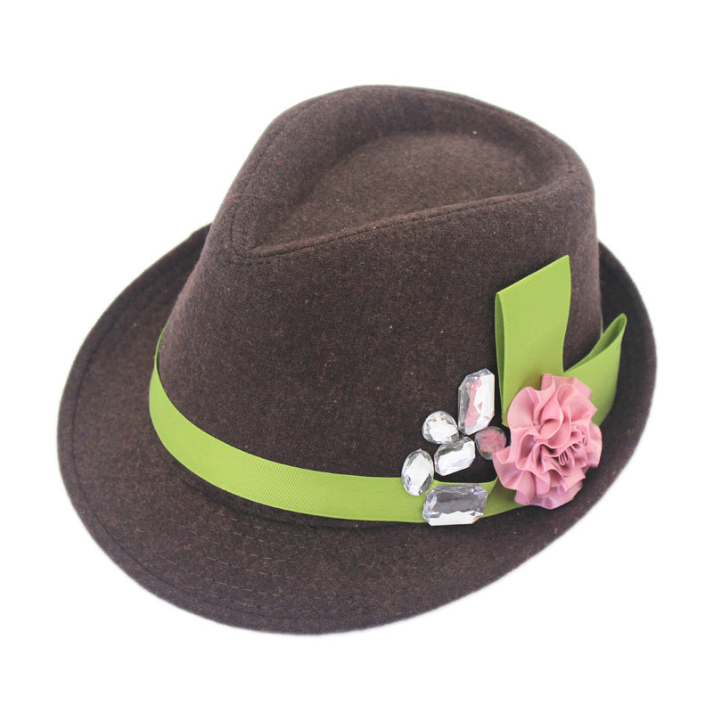 Women Flower Decor Fedora Hat Top Hat British Style Bowler Hat
