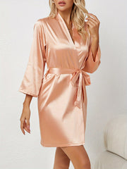 Satin Long Sleeve Night Robe V-Neck Belted Sleepwear