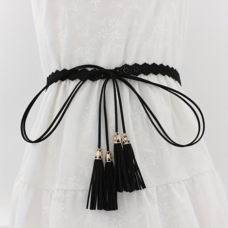 Boho Tassel Sash Belt Flower Hollow Knotted Belt Solid Waistband
