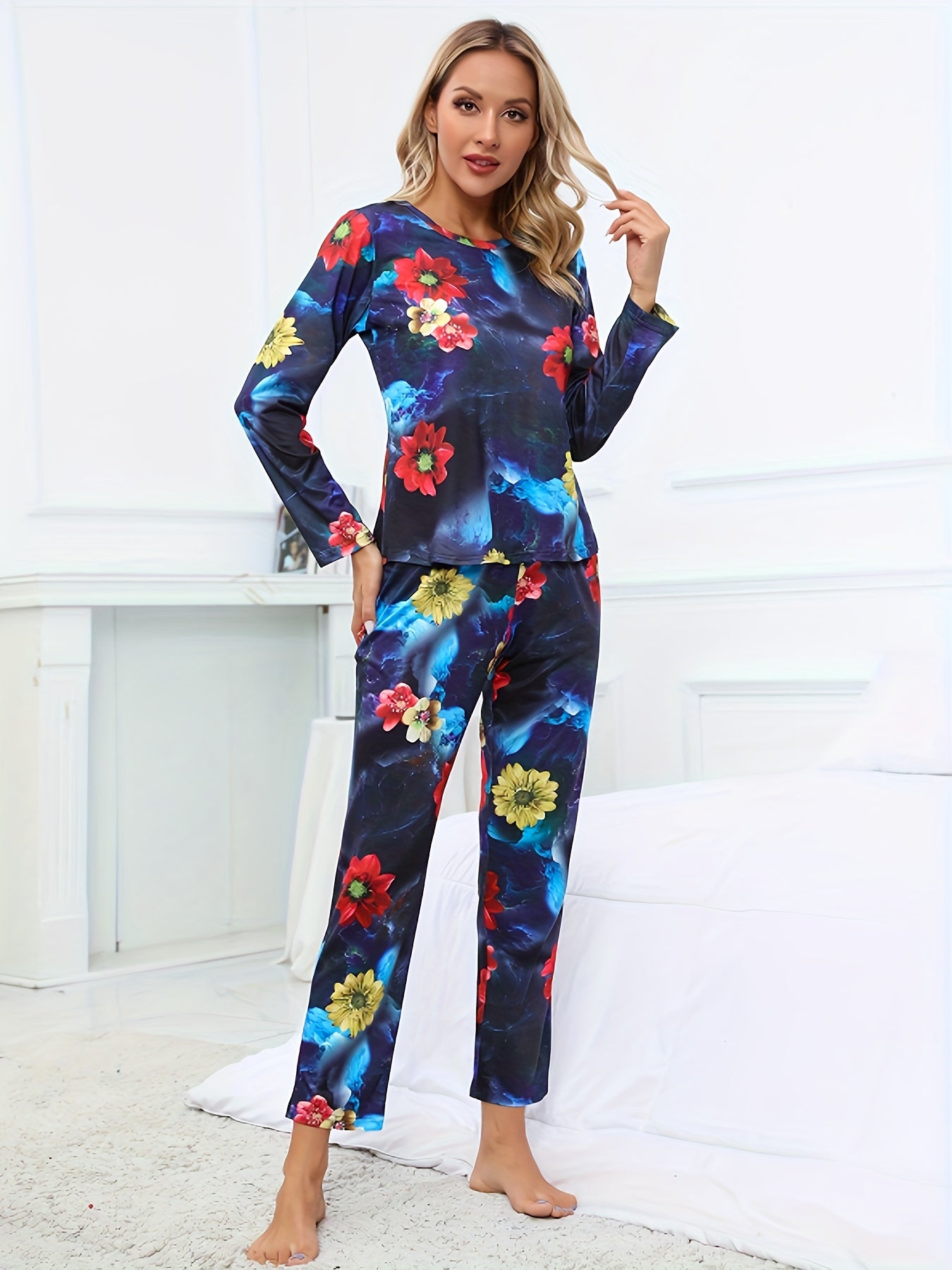 Floral Print Pajama Set Long Sleeve Top & Pants