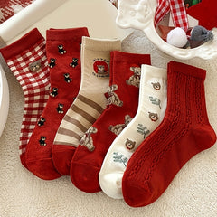 6 Pairs Cartoon Bear Print Socks - Chinese Year Women's Stockings