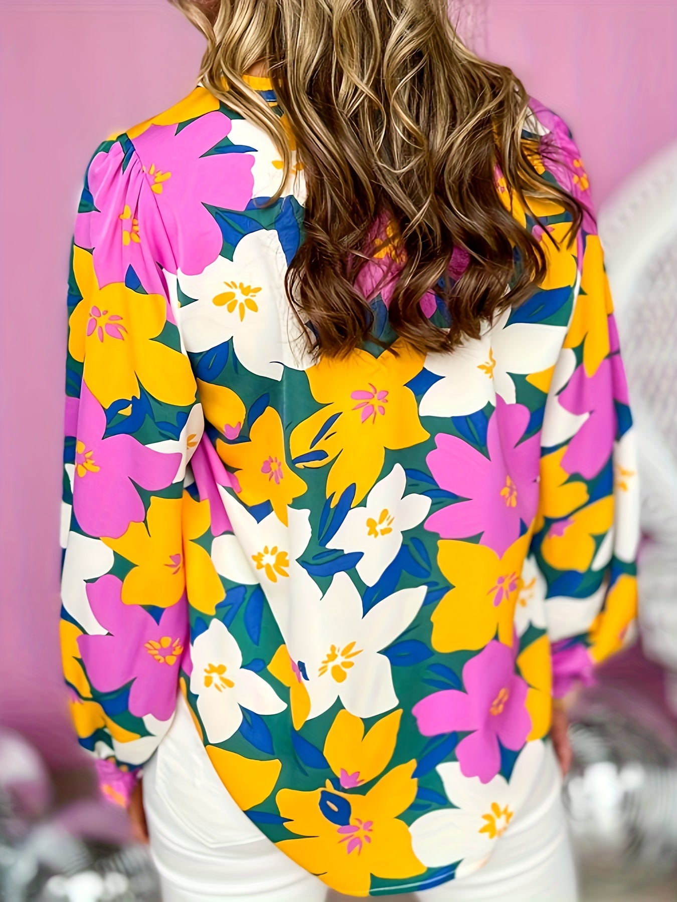 Floral Print Lantern Sleeve Notched Neck Tunic Top