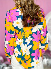 Floral Print Lantern Sleeve Notched Neck Tunic Top
