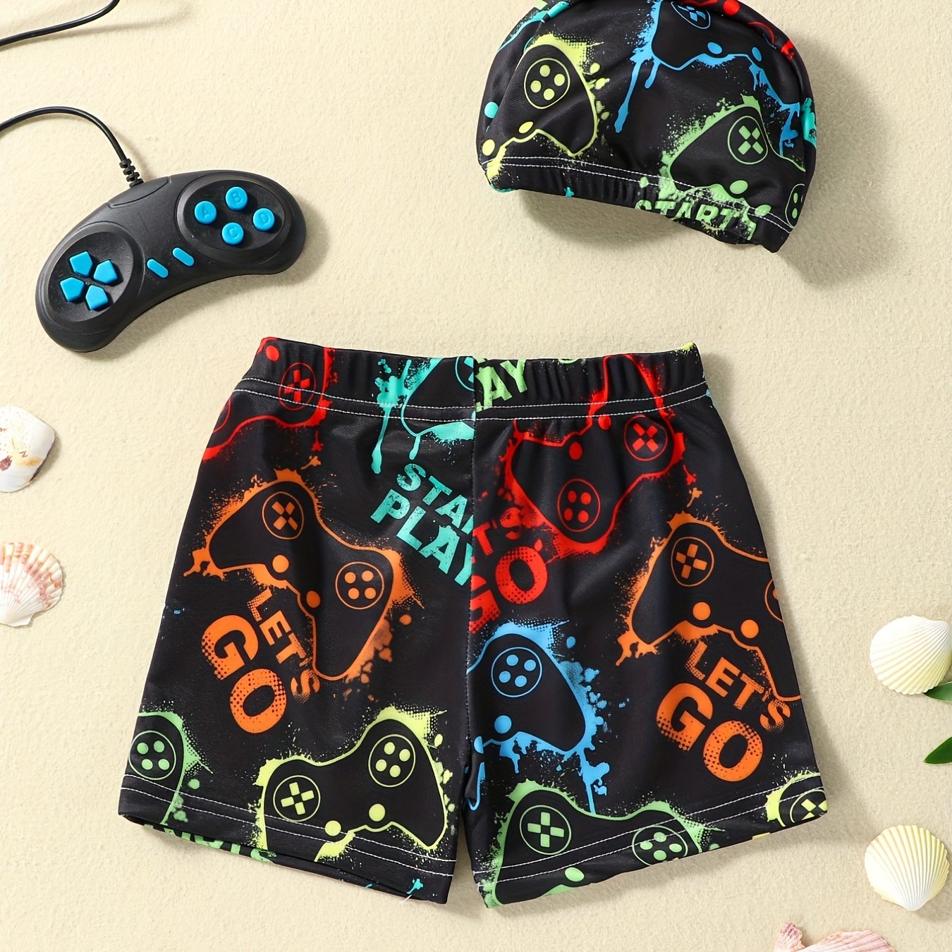 Boys Gamepad Print Swim Trunks & Cap Set for Beach Vacation