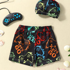 Boys Gamepad Print Swim Trunks & Cap Set for Beach Vacation