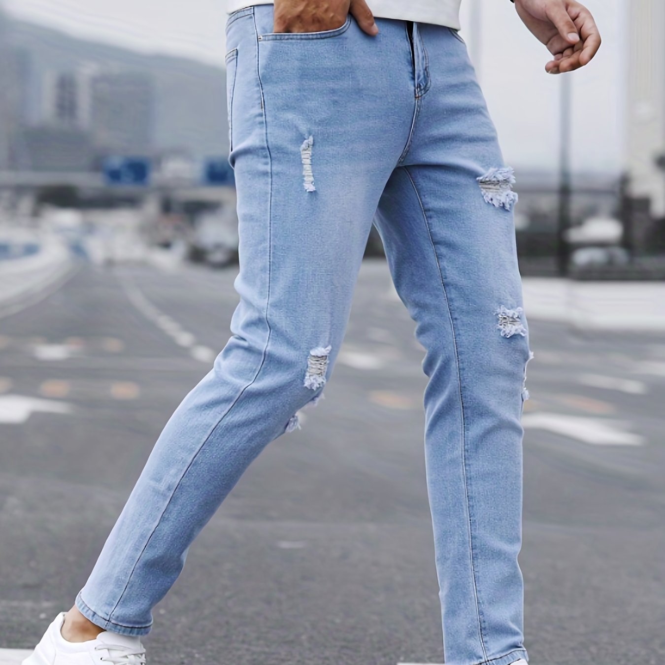 Slim Fit Ripped Jeans Men Casual Street Style Distressed Denim Pants